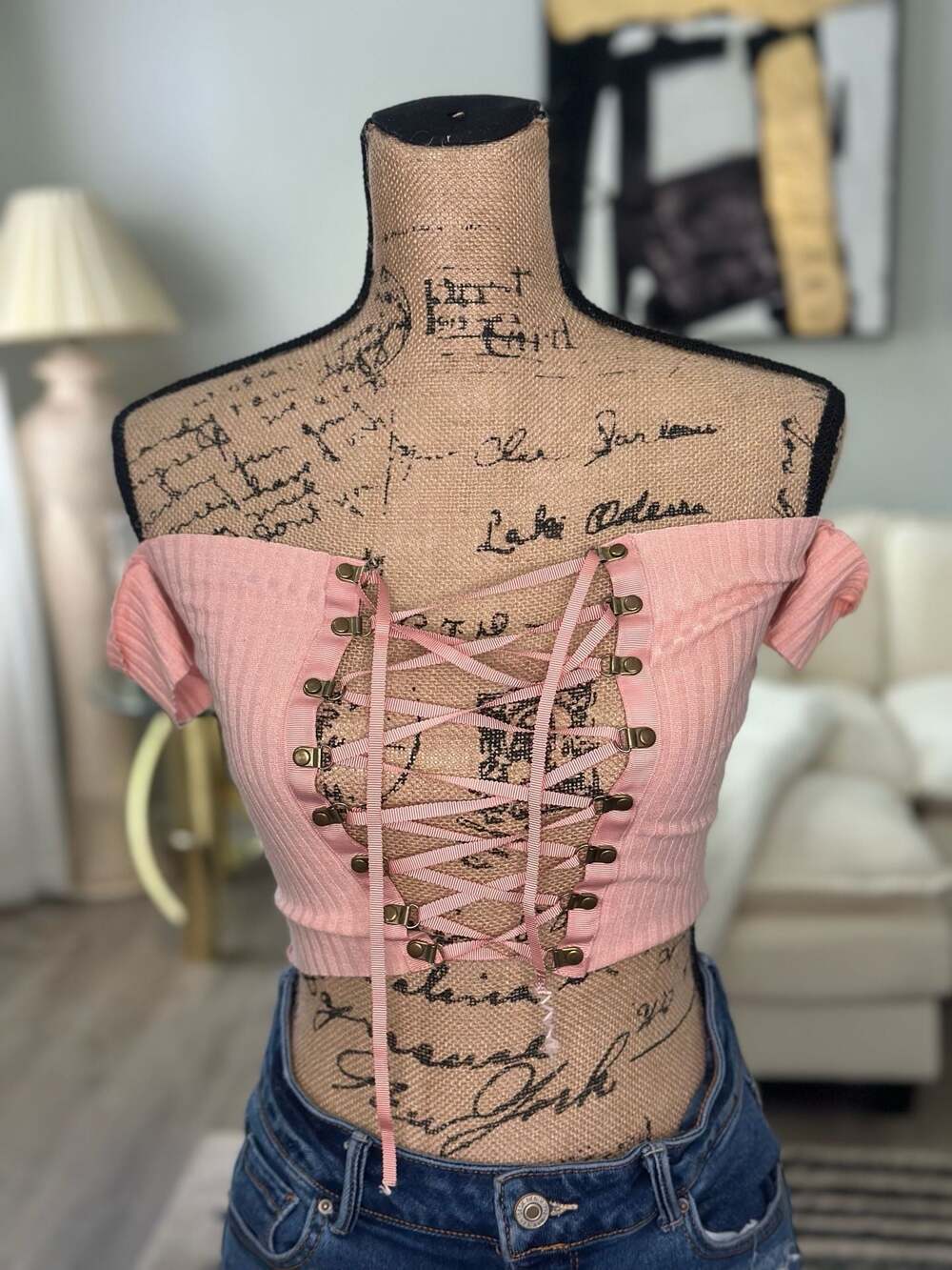 Peach/pink off shoulder crop top